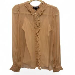 J.Crew Ruffle Button Up Blouse Womens 6 Beige Crinkle Chiffon Sheer Victorian